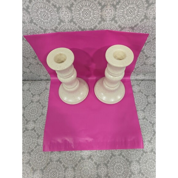 Pair 6" Cream Speckled Ceramic Taper Candle Holders Farmhouse Rustic Mantel - Picture 3 of 5